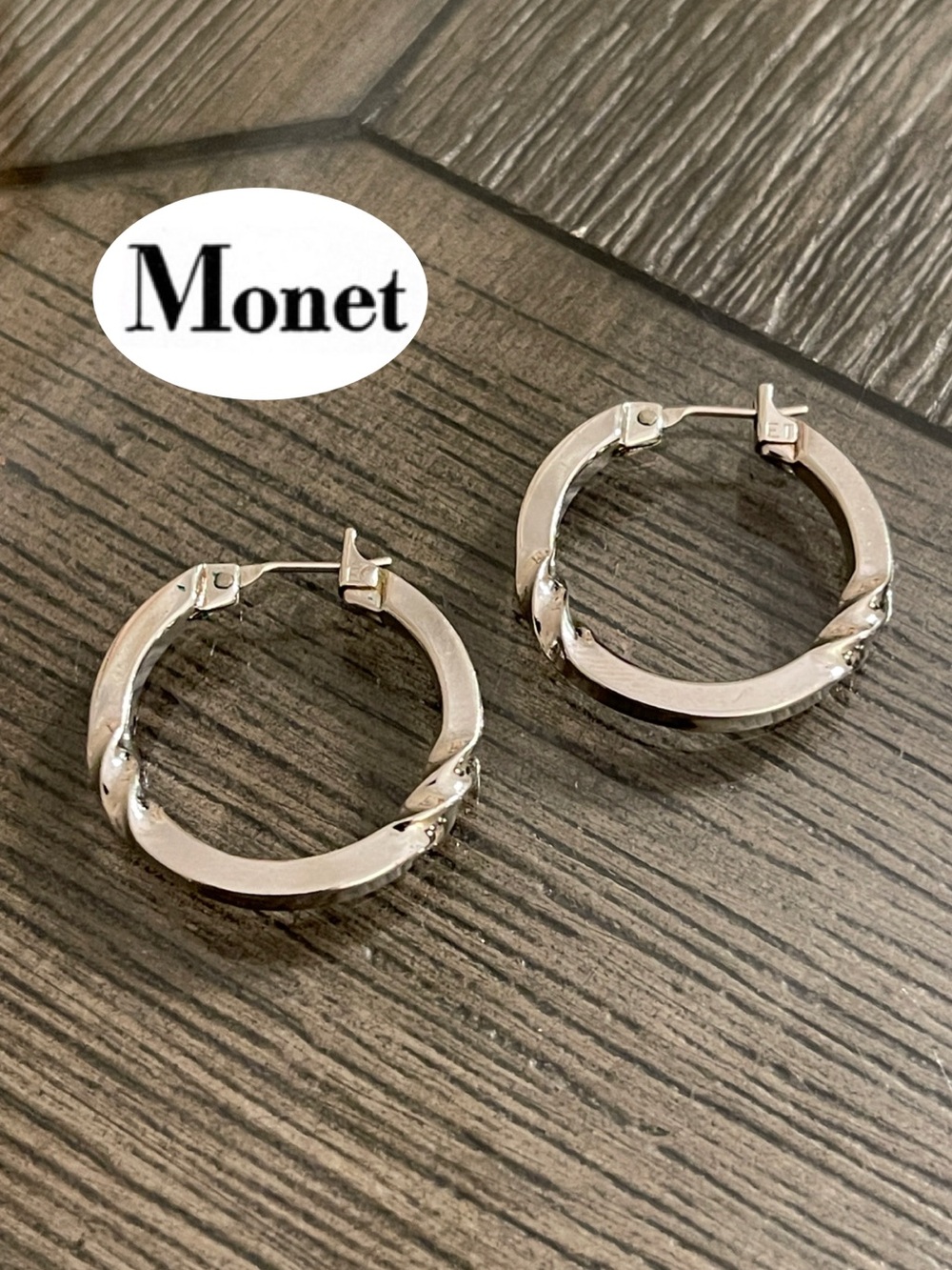 Vintage Monet Silver/tone Twisted Latch Hoop Earrings